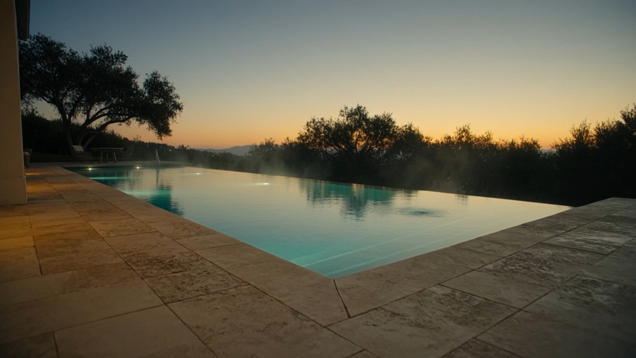 A lit infinity pool and travertine deck at dusk with steam rising off the water