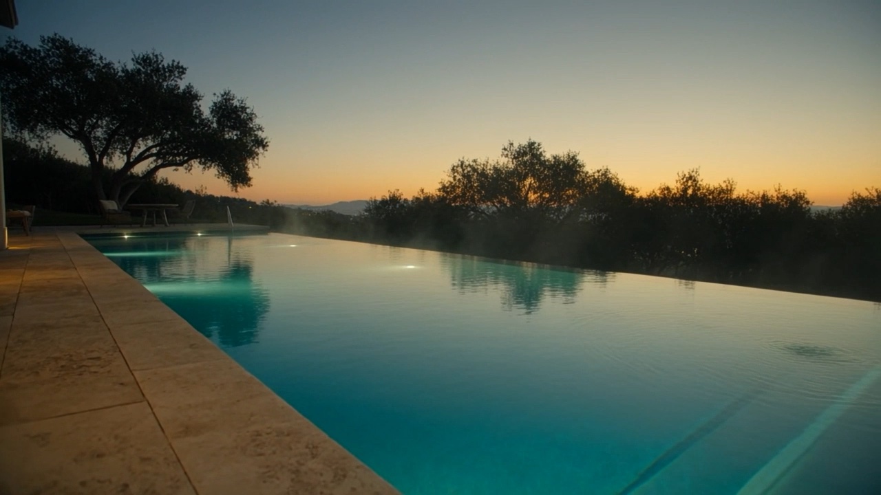 Travertine pool deck and infinity edge glowing against a hill-country sunset