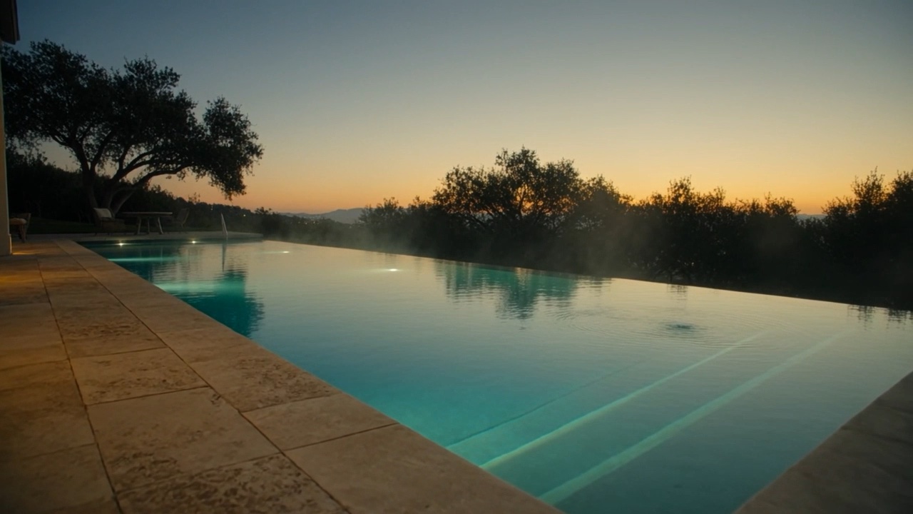 A lit infinity pool and travertine deck at dusk overlooking the Austin hills