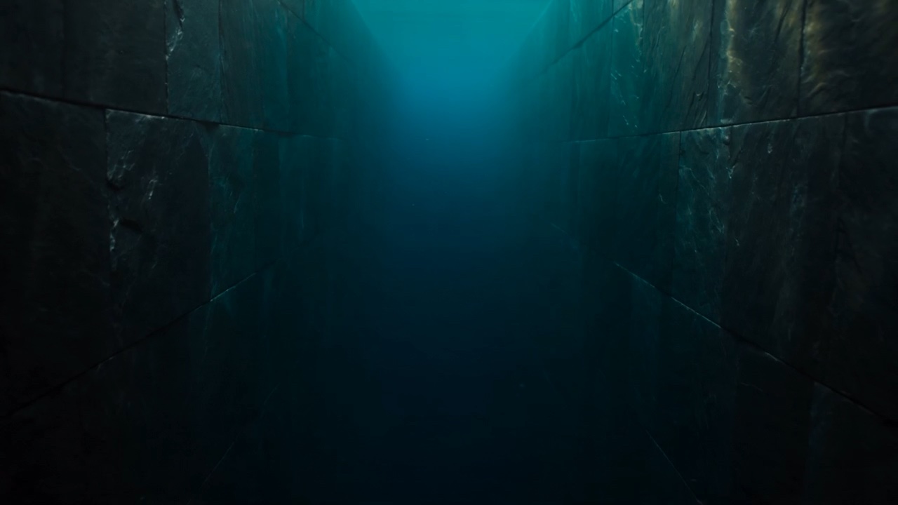 Dark stone underwater channel rising toward glowing light